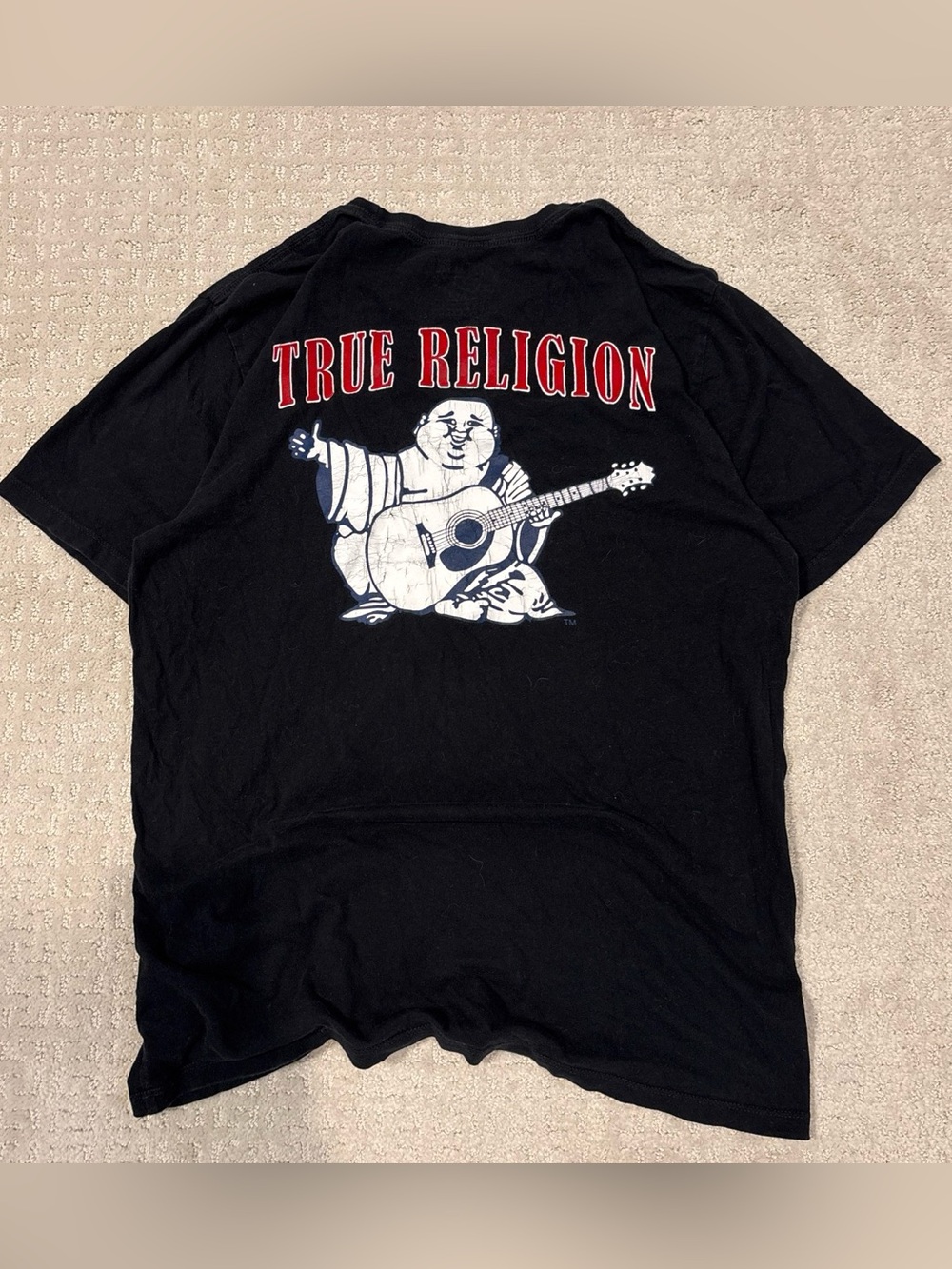 True Religion Black Tee with White Buddha Guitar and Red Logo